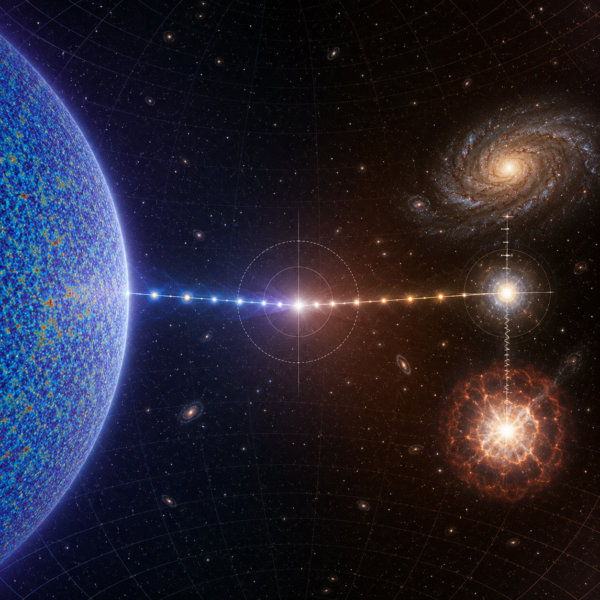 Representación del universo temprano y la escalera de distancias enfrentados por la tensión de Hubble